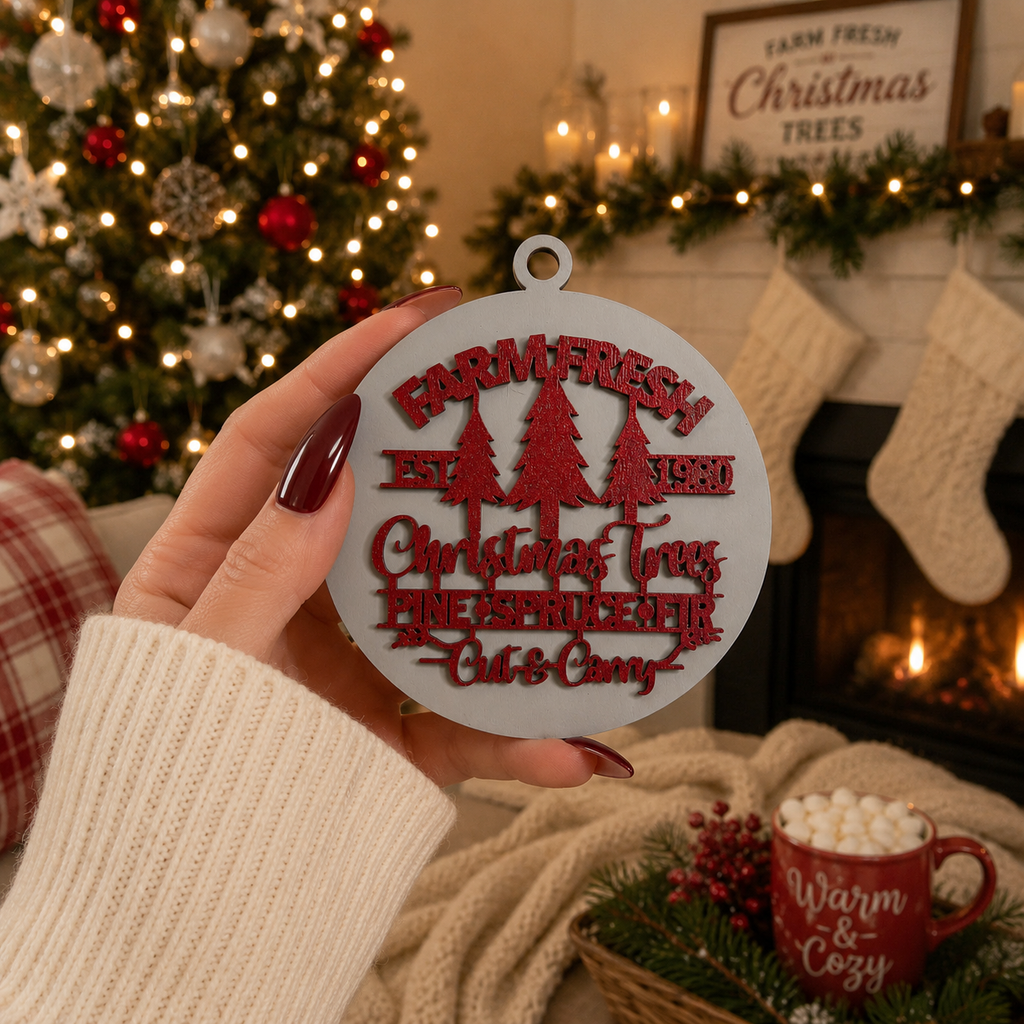 Wooden "Farm Fresh Christmas Trees..." Christmas Ornament — Select Your Color