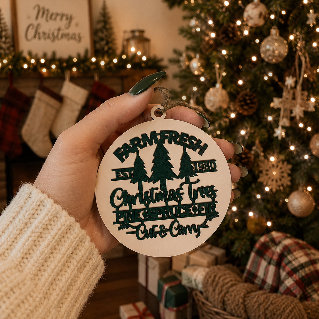 Wooden "Farm Fresh Christmas Trees..." Christmas Ornament — Select Your Color