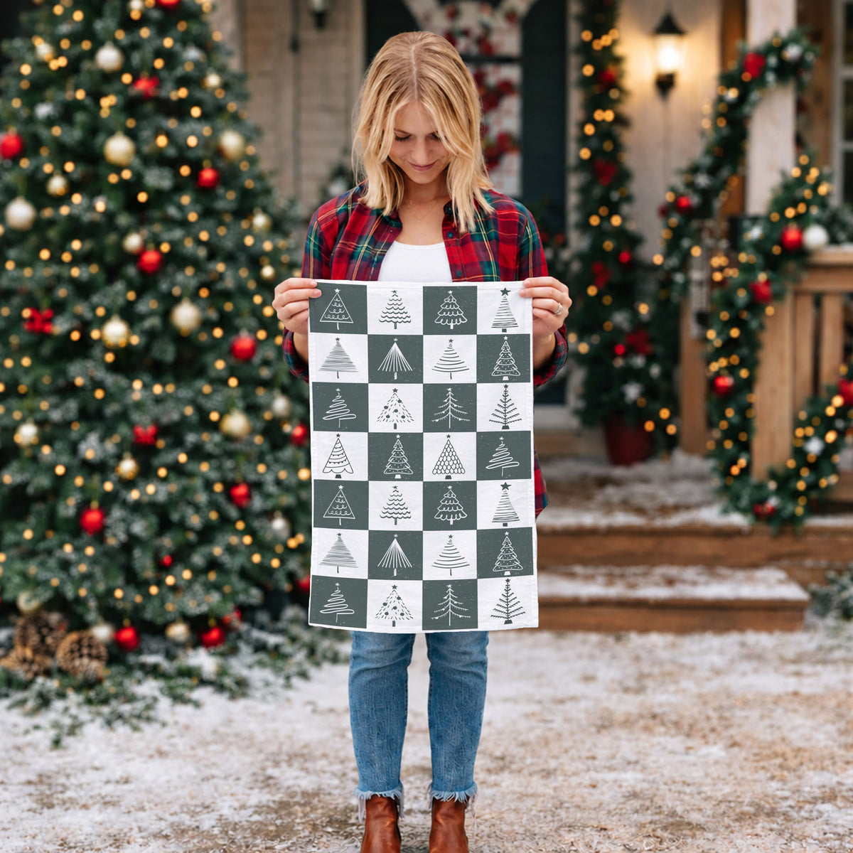 Hand-Drawn Christmas Tree Block Pattern Kitchen Towel