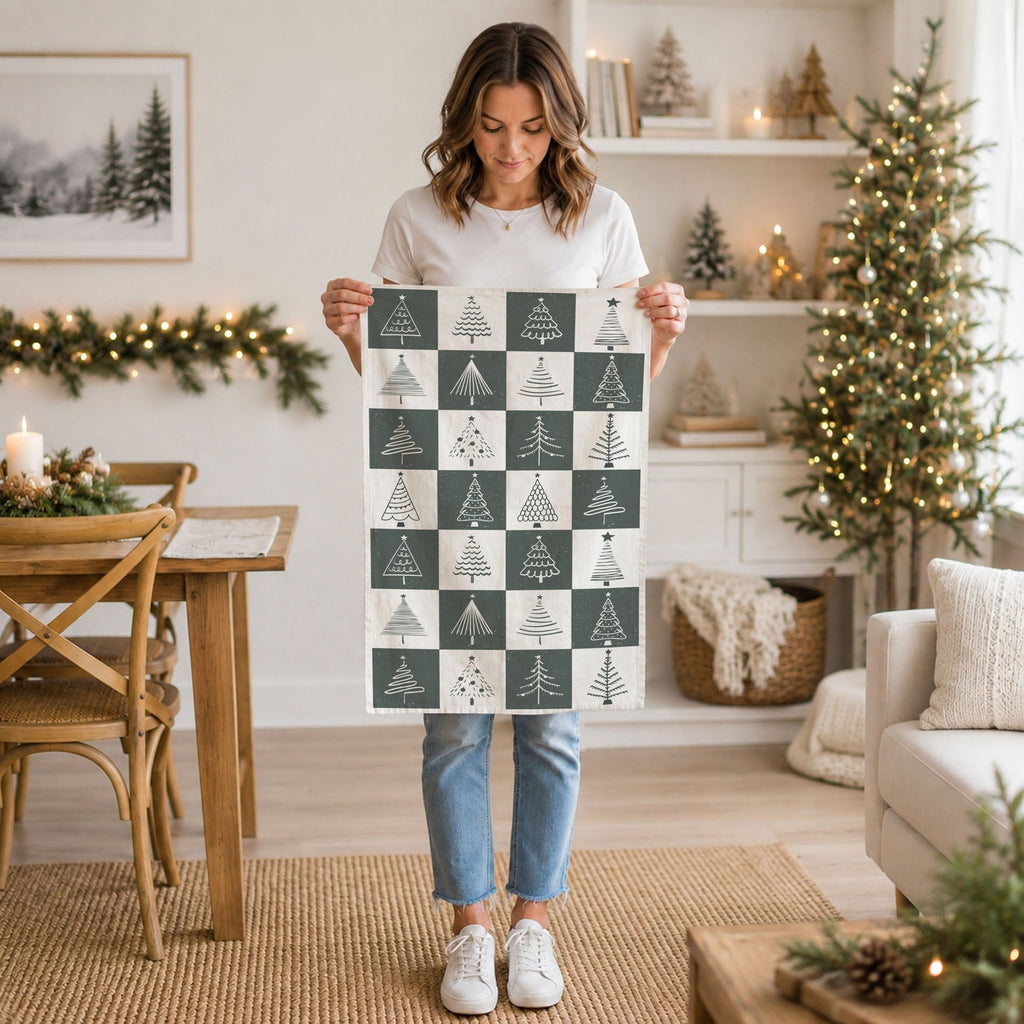 Hand-Drawn Christmas Tree Block Pattern Kitchen Towel