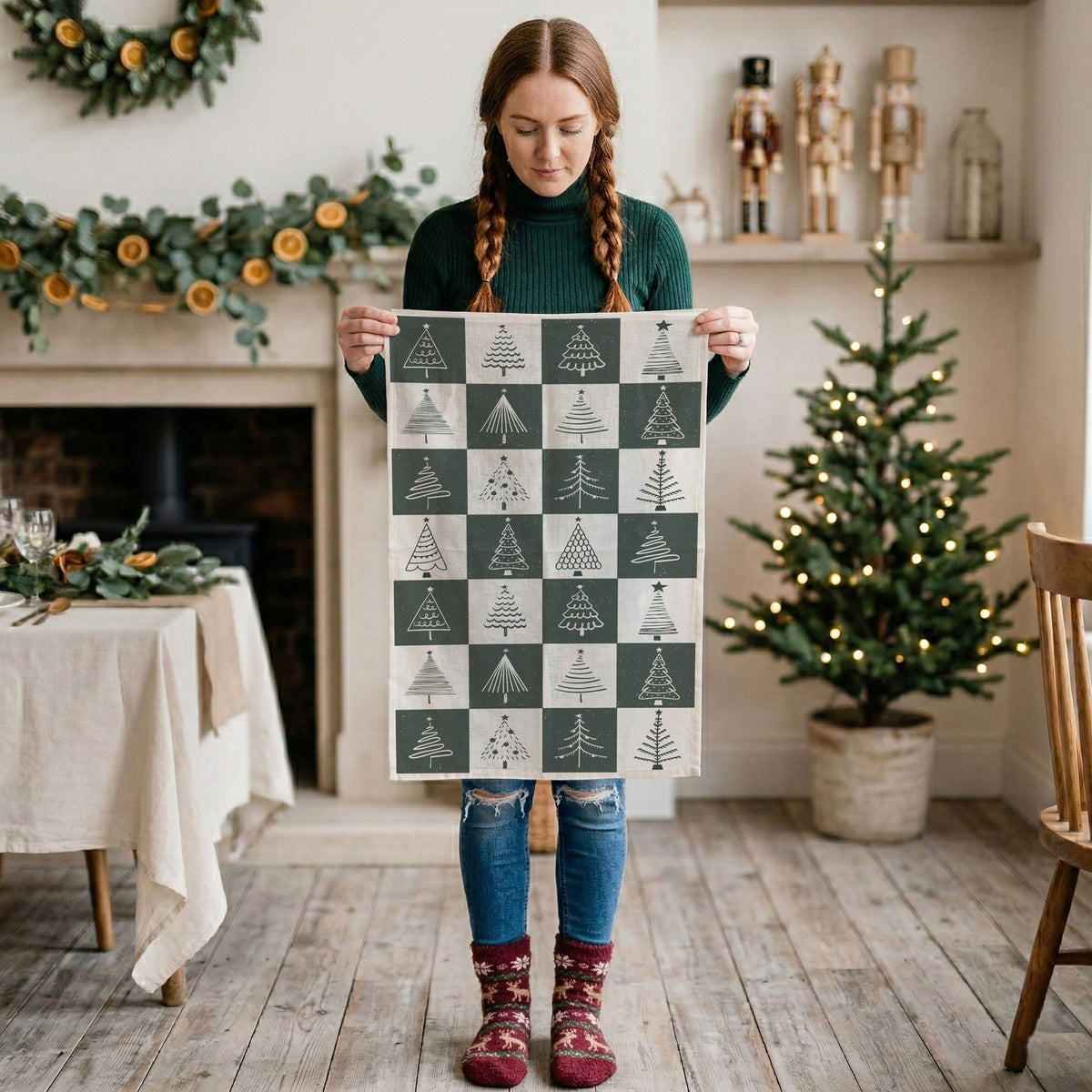 Hand-Drawn Christmas Tree Block Pattern Kitchen Towel