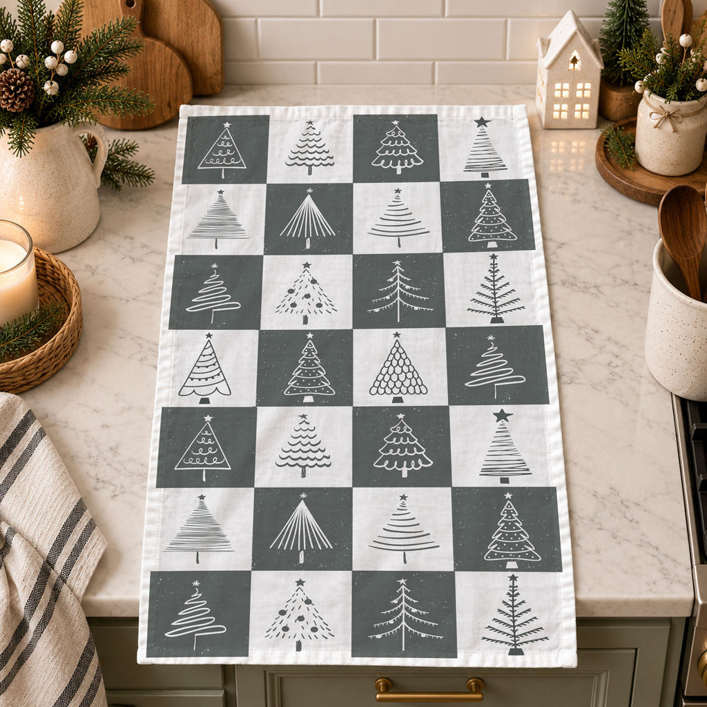 Hand-Drawn Christmas Tree Block Pattern Kitchen Towel