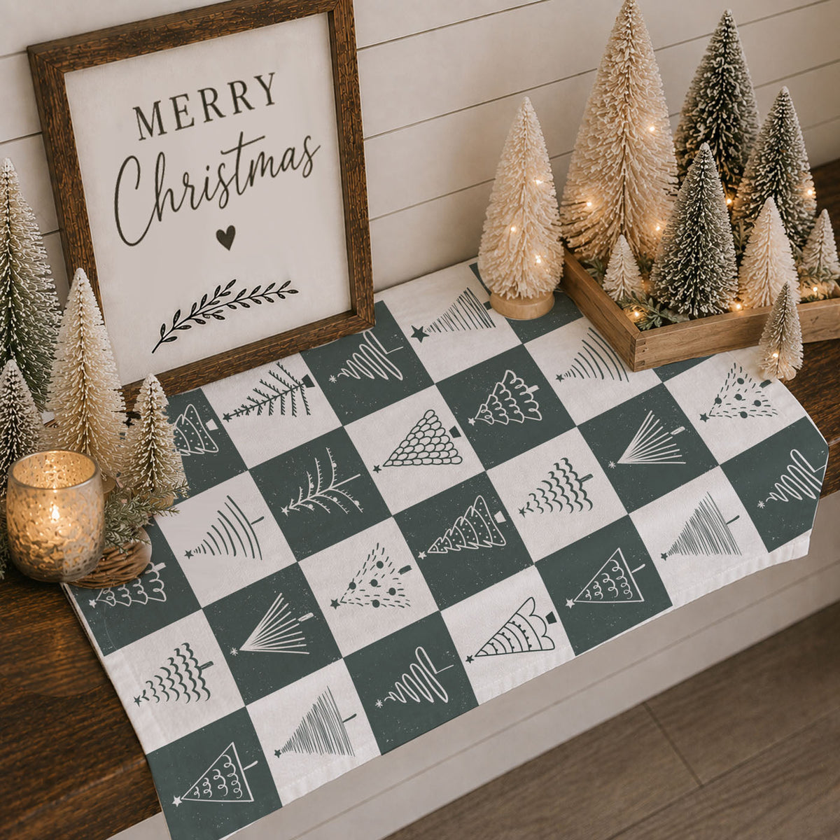Hand-Drawn Christmas Tree Block Pattern Kitchen Towel