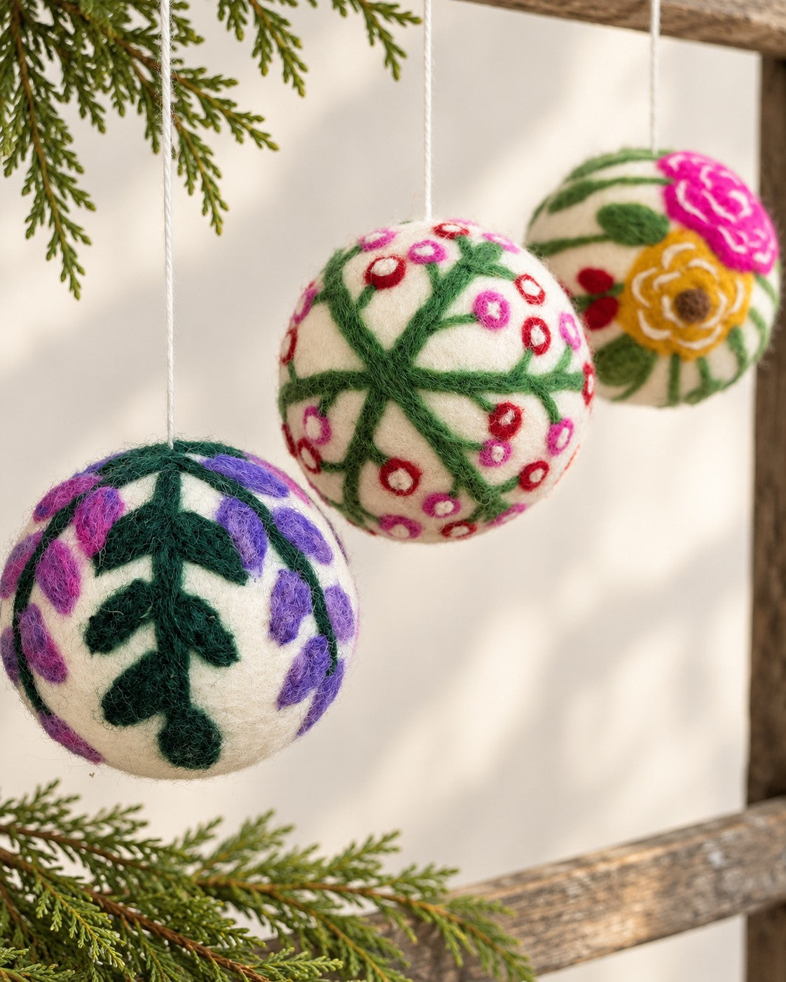 Hand Felted Wool Ball Ornament - Berry Spray