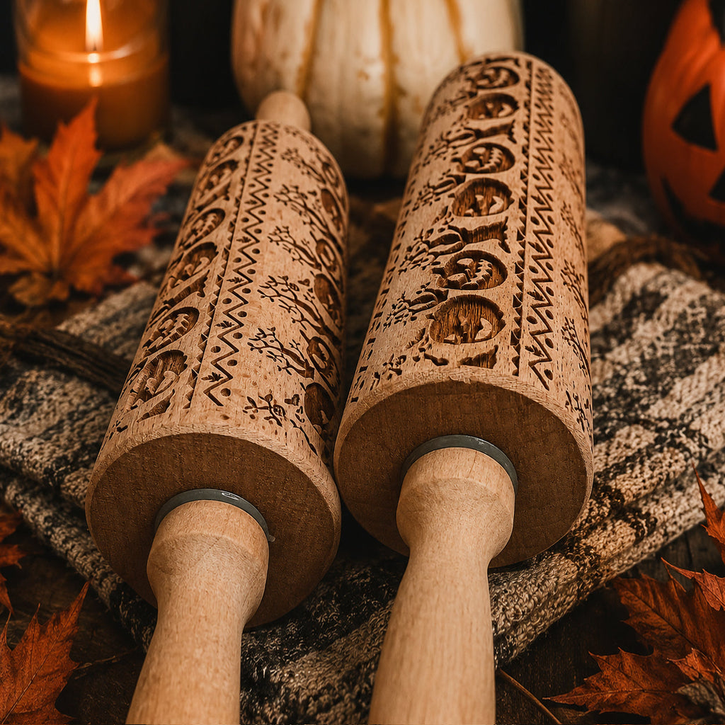 Halloween Embossed Beech Wood Rolling Pin with Cooking Cutter