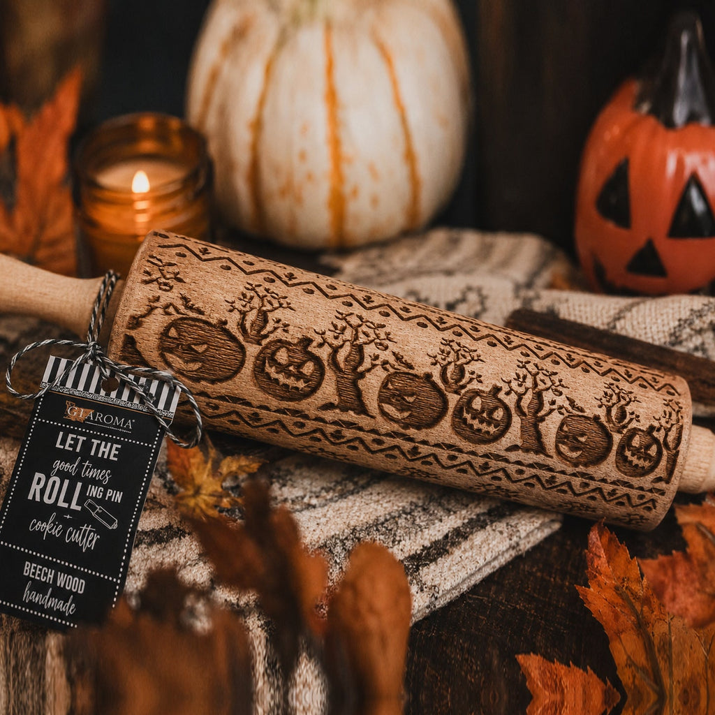 Halloween Embossed Beech Wood Rolling Pin with Cooking Cutter