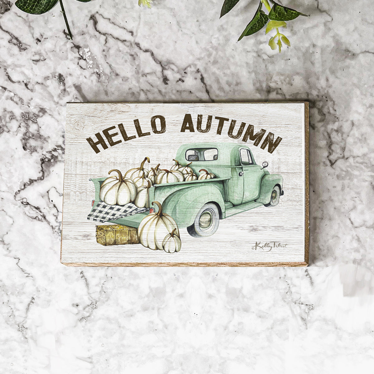 Handmade Wooden "Hello Autumn" Teal Sign