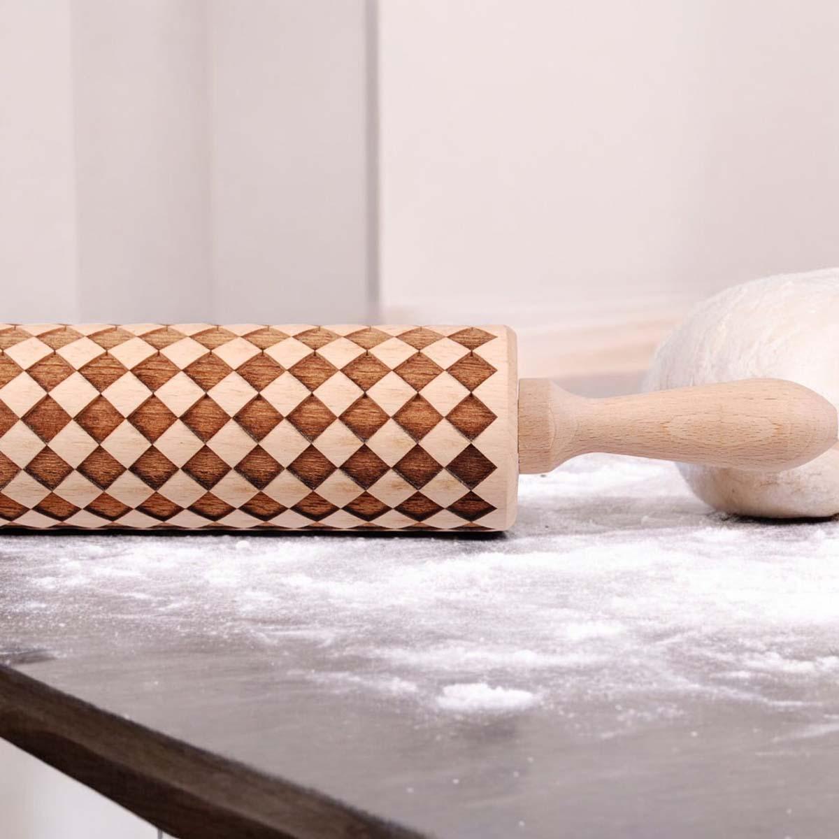 Handmade Wooden Embossed Courtly Check Rolling Pin — Select Your Style & Size