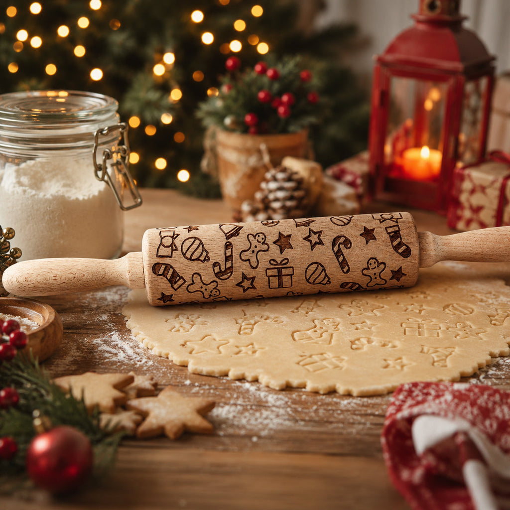 Handmade Wooden Embossed Christmas Rolling Pin Set — Select Your Style & Size