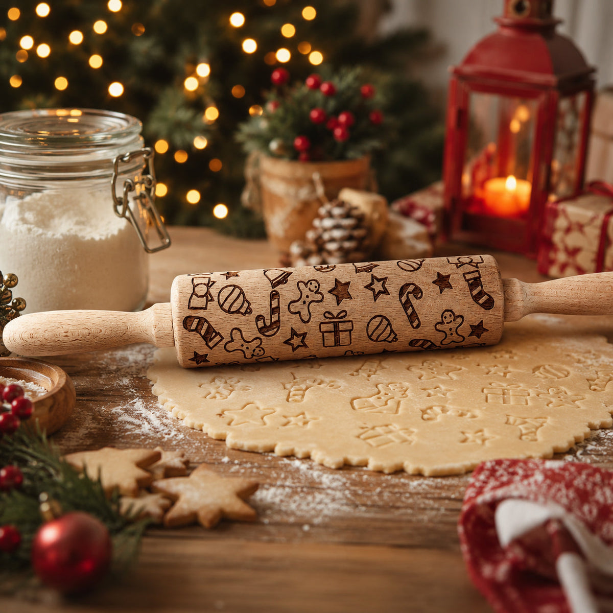 Handmade Wooden Embossed Christmas Rolling Pin Set — Select Your Style & Size