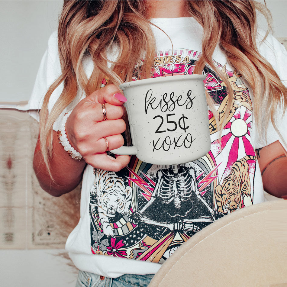 "Kisses 25 Cents XOXO" Campfire Style Ceramic Mug