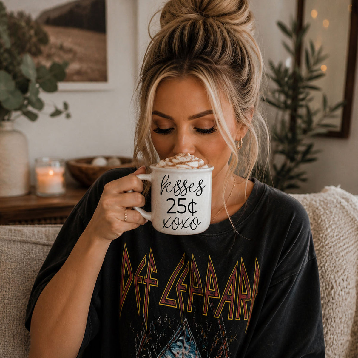 "Kisses 25 Cents XOXO" Campfire Style Ceramic Mug