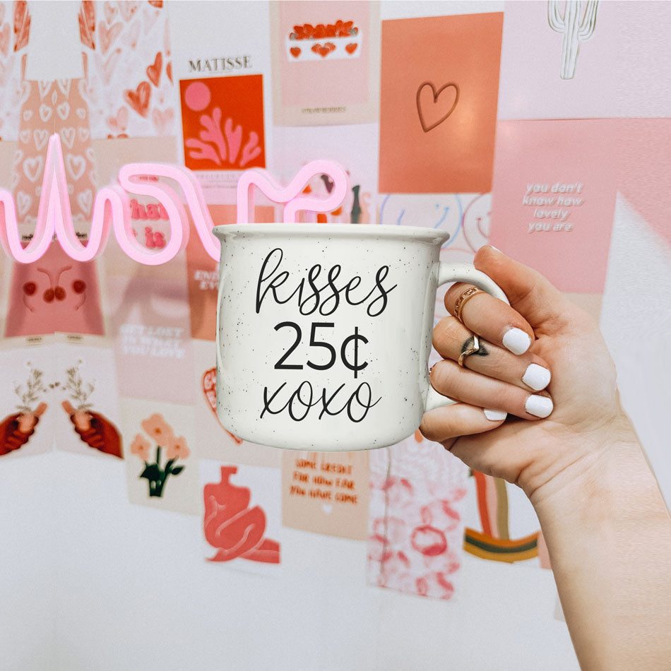 "Kisses 25 Cents XOXO" Campfire Style Ceramic Mug