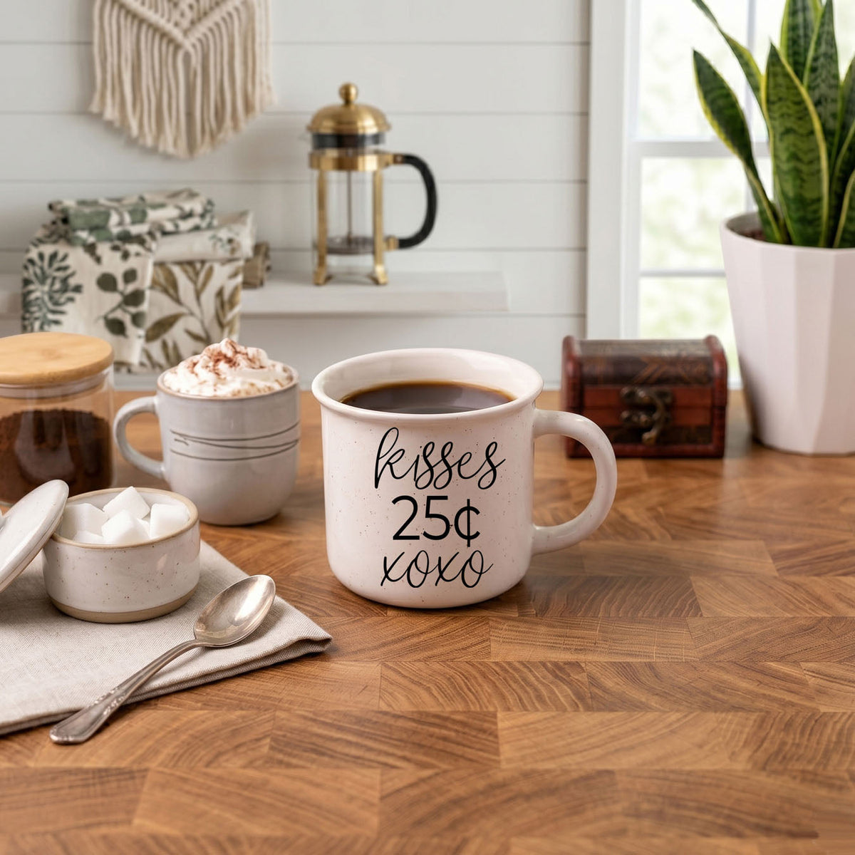 "Kisses 25 Cents XOXO" Campfire Style Ceramic Mug