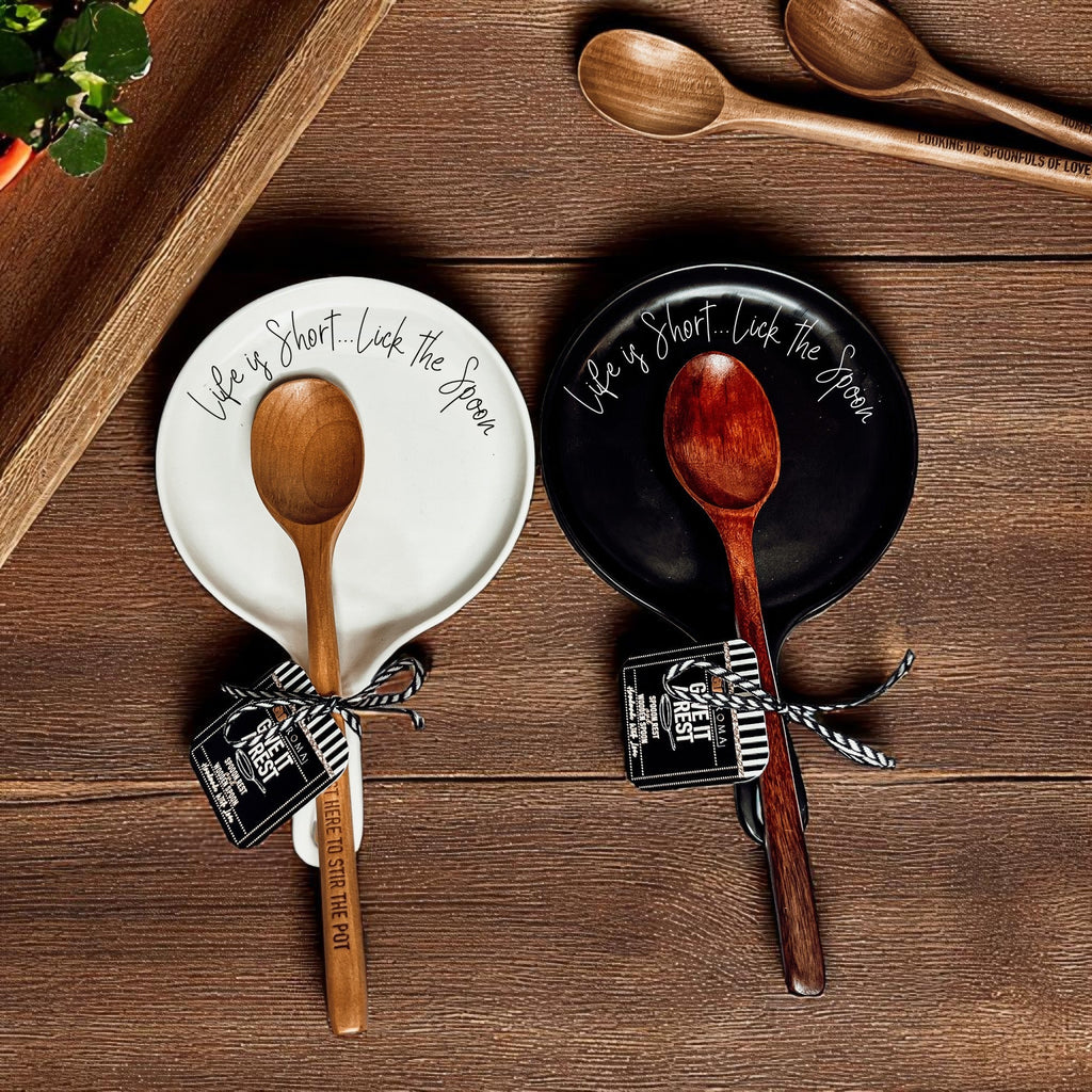 Cursive "Life is Short...Lick the Spoon" Spoon Rest & Wooden Spoon — Select Your Color & Spoon