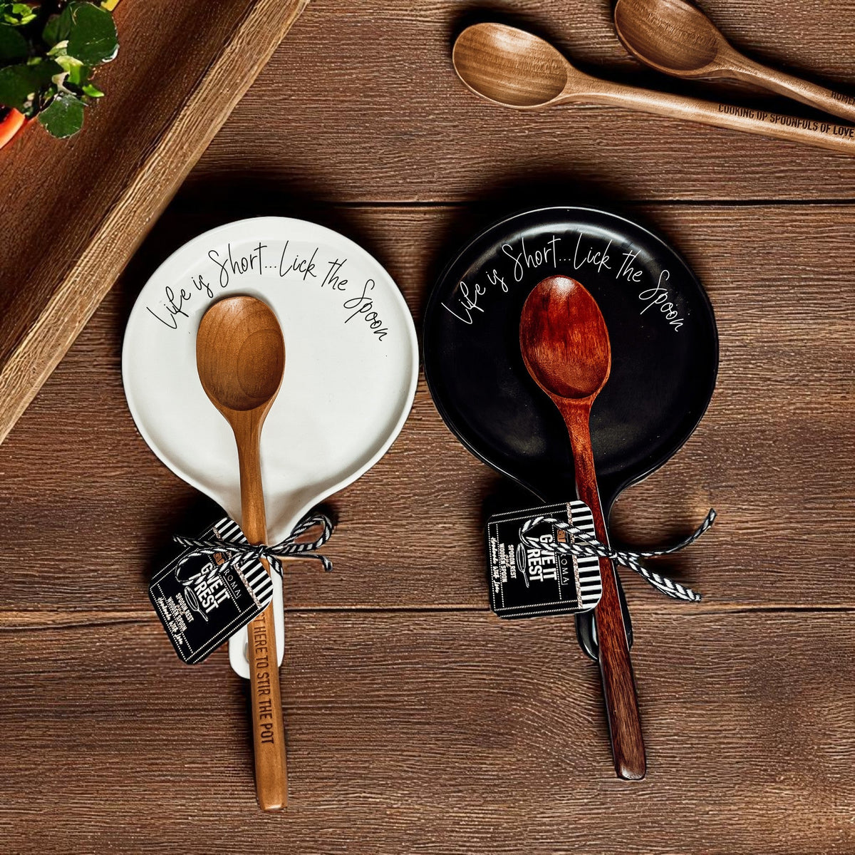 Cursive "Life is Short...Lick the Spoon" Spoon Rest & Wooden Spoon — Select Your Color & Spoon