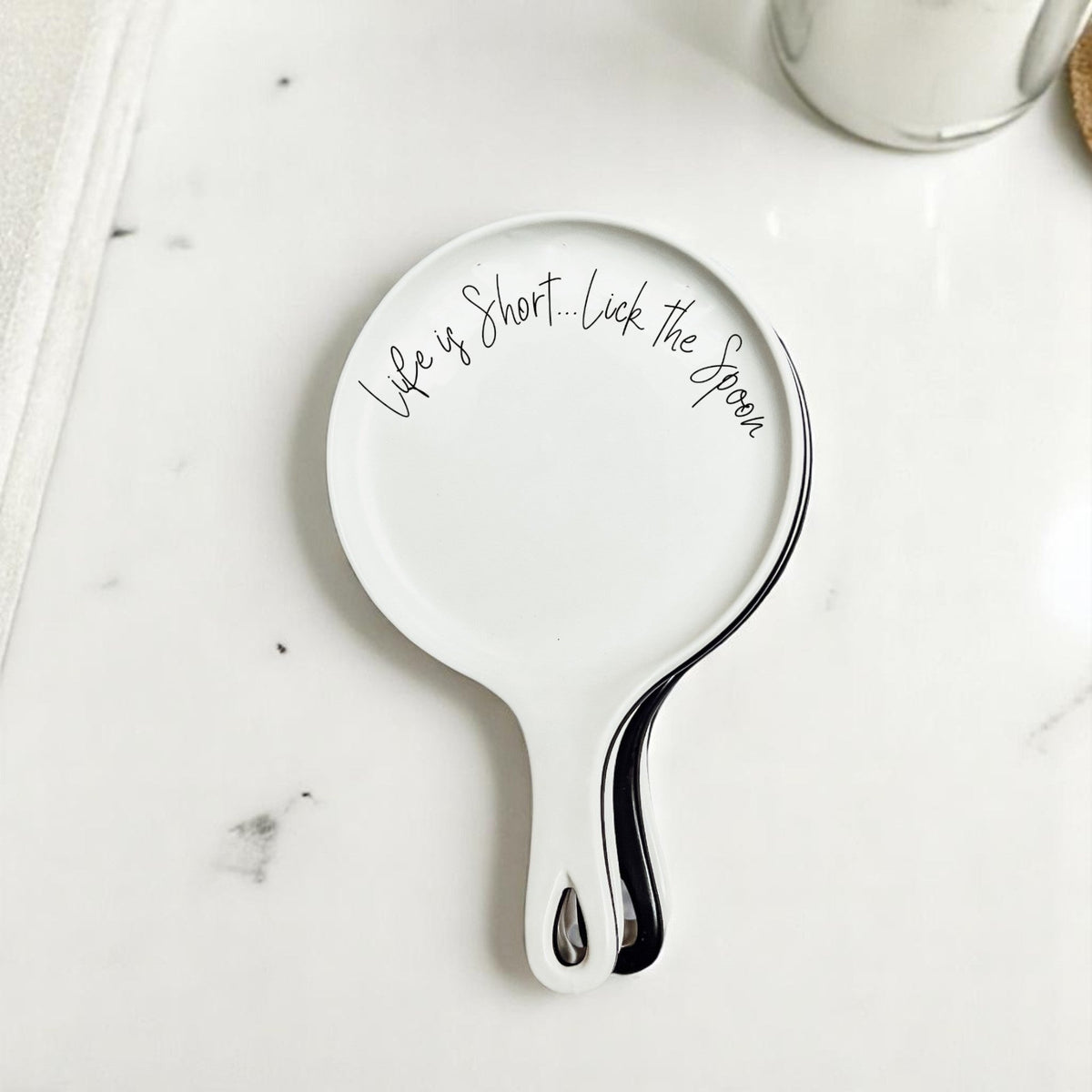 Cursive "Life is Short...Lick the Spoon" Spoon Rest & Wooden Spoon — Select Your Color & Spoon