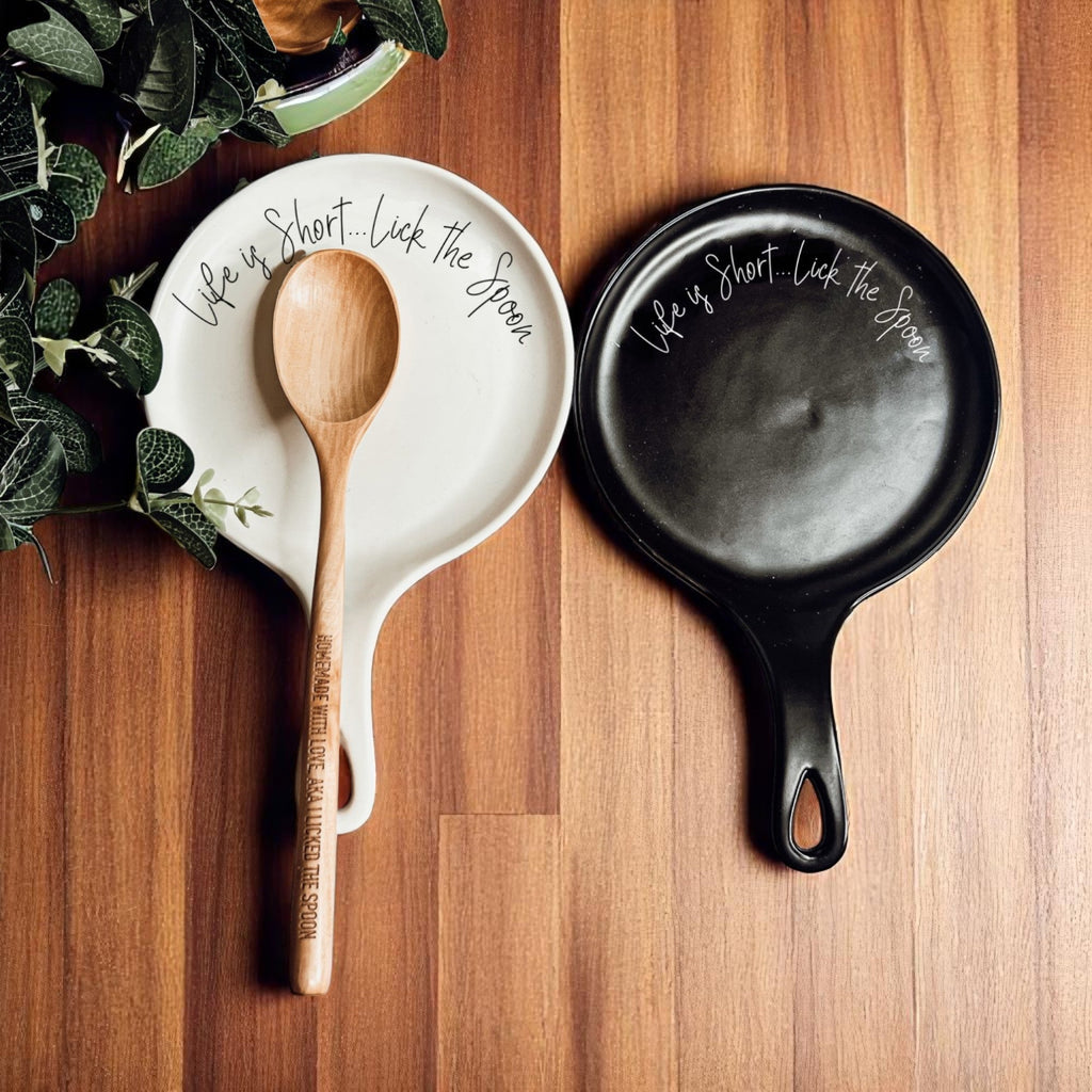Cursive "Life is Short...Lick the Spoon" Spoon Rest & Wooden Spoon — Select Your Color & Spoon