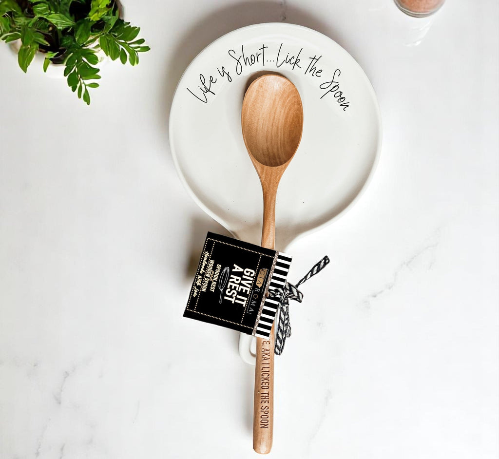 Cursive "Life is Short...Lick the Spoon" Spoon Rest & Wooden Spoon — Select Your Color & Spoon