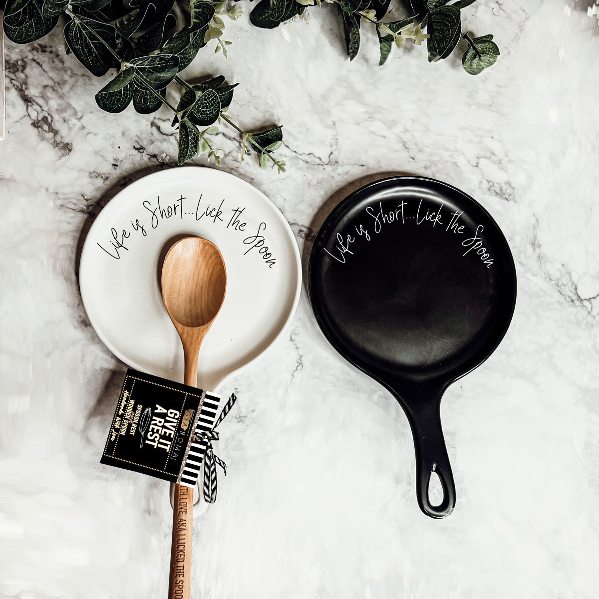 Cursive "Life is Short...Lick the Spoon" Spoon Rest & Wooden Spoon — Select Your Color & Spoon