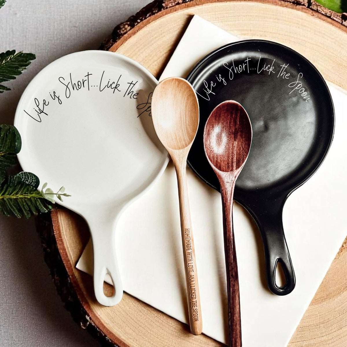 Cursive "Life is Short...Lick the Spoon" Spoon Rest & Wooden Spoon — Select Your Color & Spoon