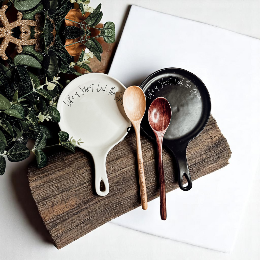 Cursive "Life is Short...Lick the Spoon" Spoon Rest & Wooden Spoon — Select Your Color & Spoon