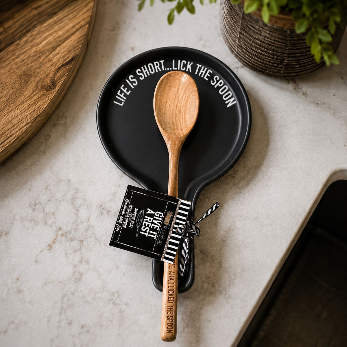 Bold "Life is Short...Lick the Spoon" Spoon Rest & Wooden Spoon — Select Your Color & Spoon