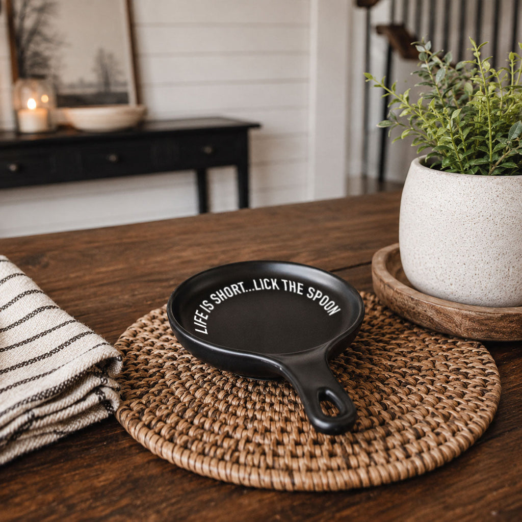 Bold "Life is Short...Lick the Spoon" Spoon Rest & Wooden Spoon — Select Your Color & Spoon