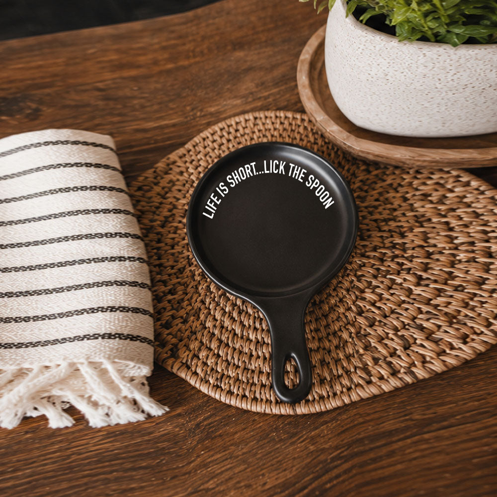 Bold "Life is Short...Lick the Spoon" Spoon Rest & Wooden Spoon — Select Your Color & Spoon