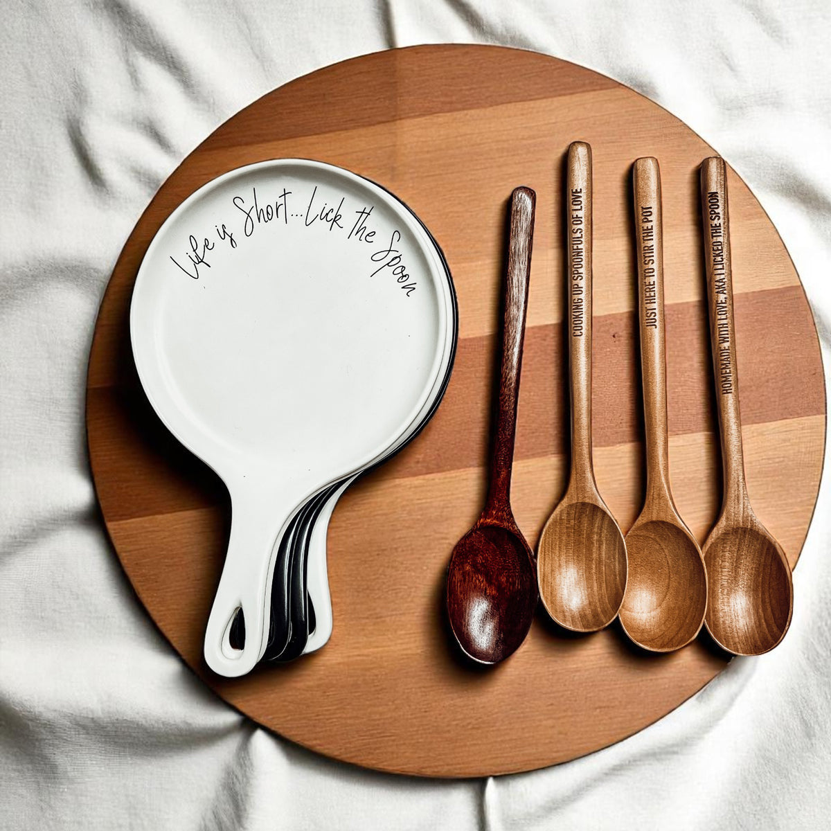Cursive "Life is Short...Lick the Spoon" Spoon Rest & Wooden Spoon — Select Your Color & Spoon