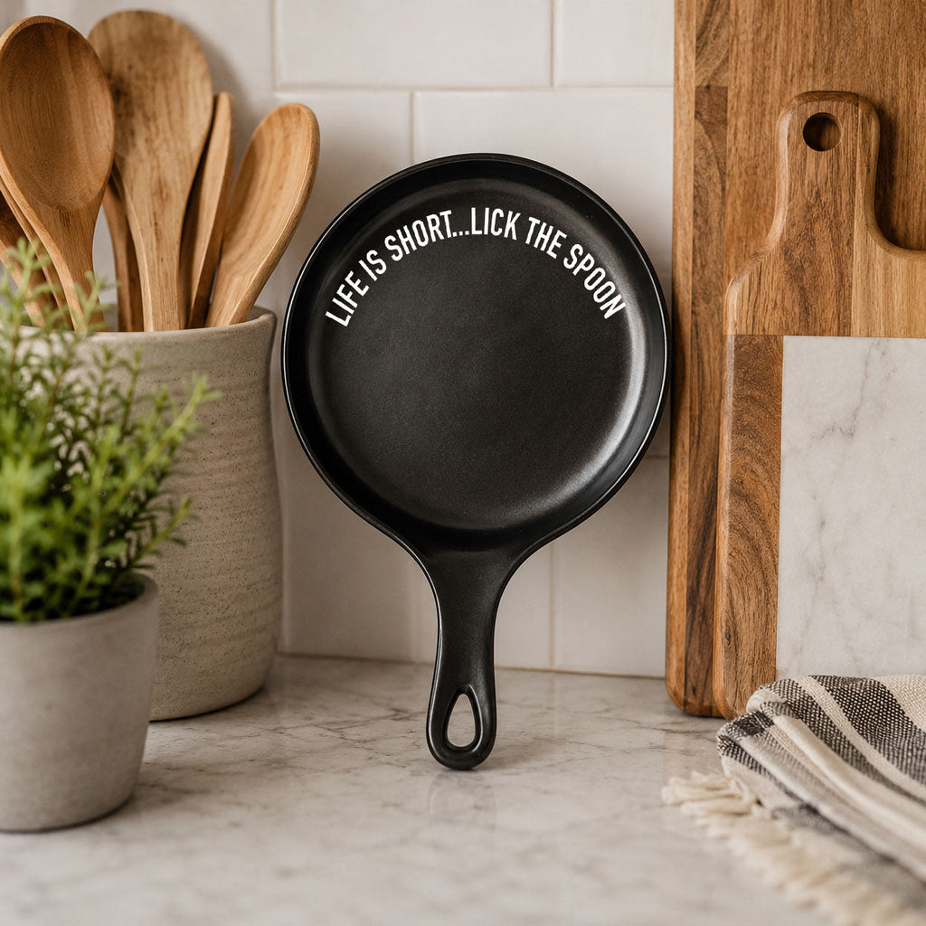 Bold "Life is Short...Lick the Spoon" Spoon Rest & Wooden Spoon — Select Your Color & Spoon