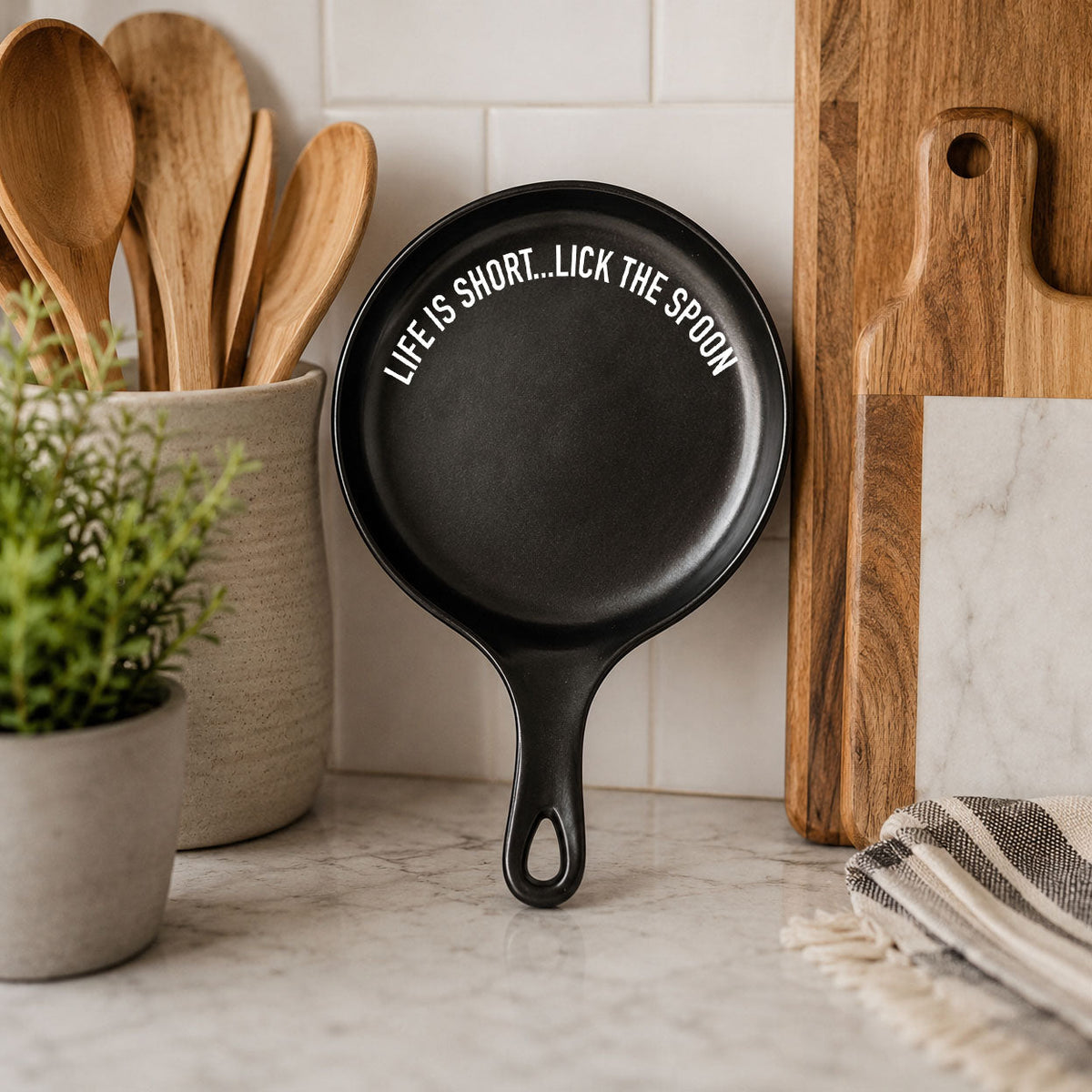 Bold "Life is Short...Lick the Spoon" Spoon Rest & Wooden Spoon — Select Your Color & Spoon