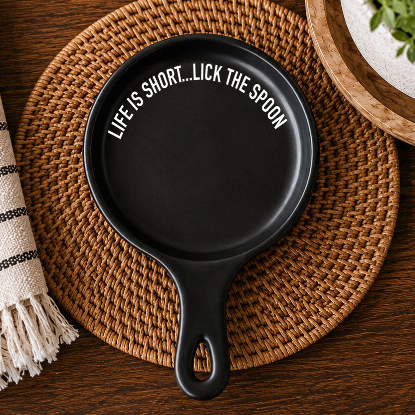 Bold "Life is Short...Lick the Spoon" Spoon Rest & Wooden Spoon — Select Your Color & Spoon
