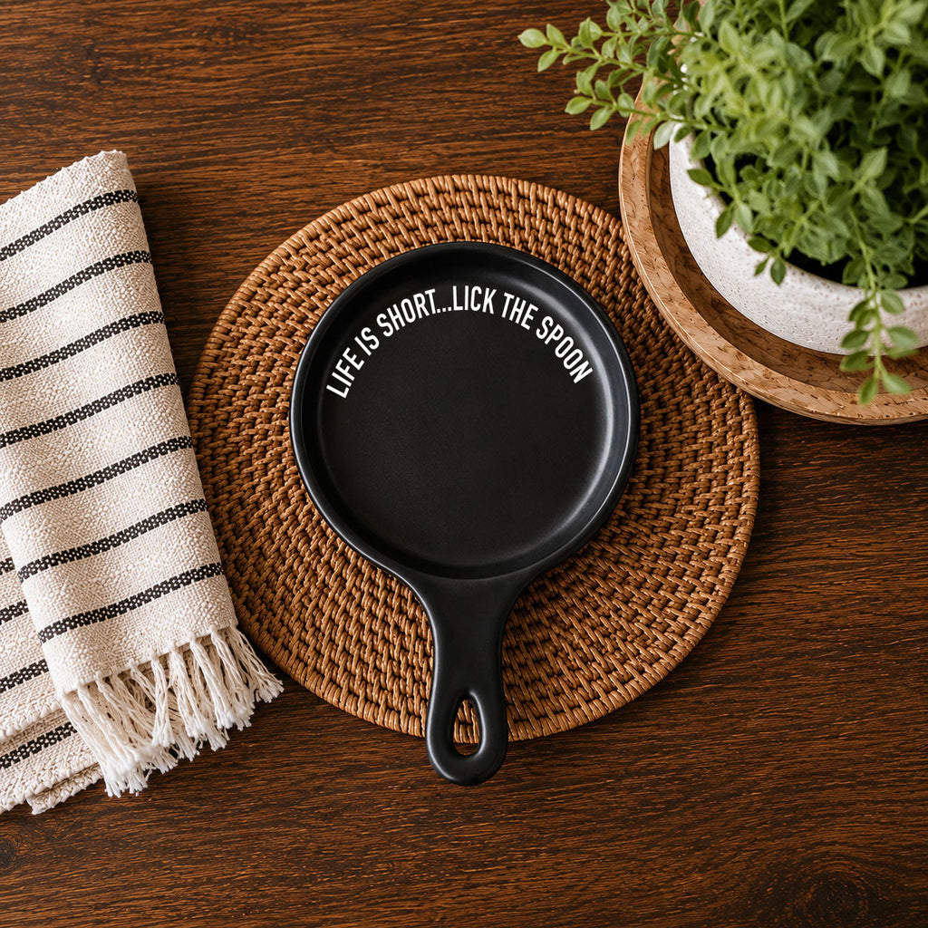 Bold "Life is Short...Lick the Spoon" Spoon Rest & Wooden Spoon — Select Your Color & Spoon