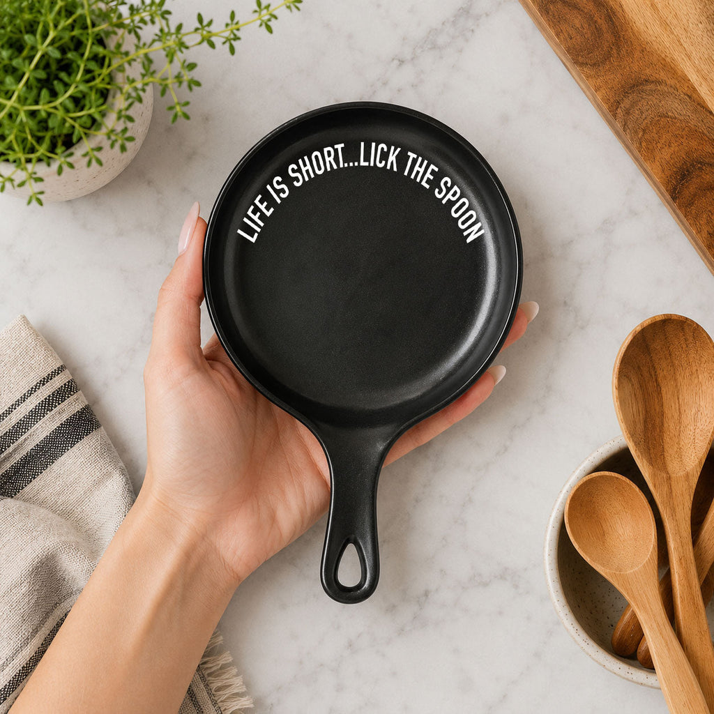 Bold "Life is Short...Lick the Spoon" Spoon Rest & Wooden Spoon — Select Your Color & Spoon
