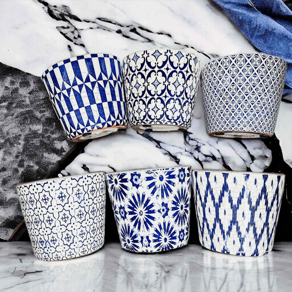 Handmade Rustic Blue & White Patterned Terracotta Pot with Crackle Finish — Select Your Design