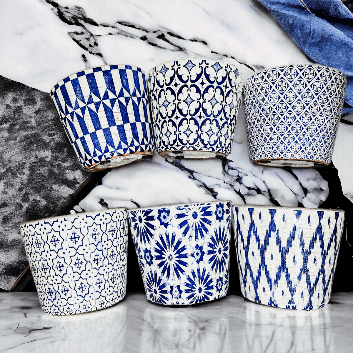 Handmade Rustic Blue & White Patterned Terracotta Pot with Crackle Finish — Select Your Design