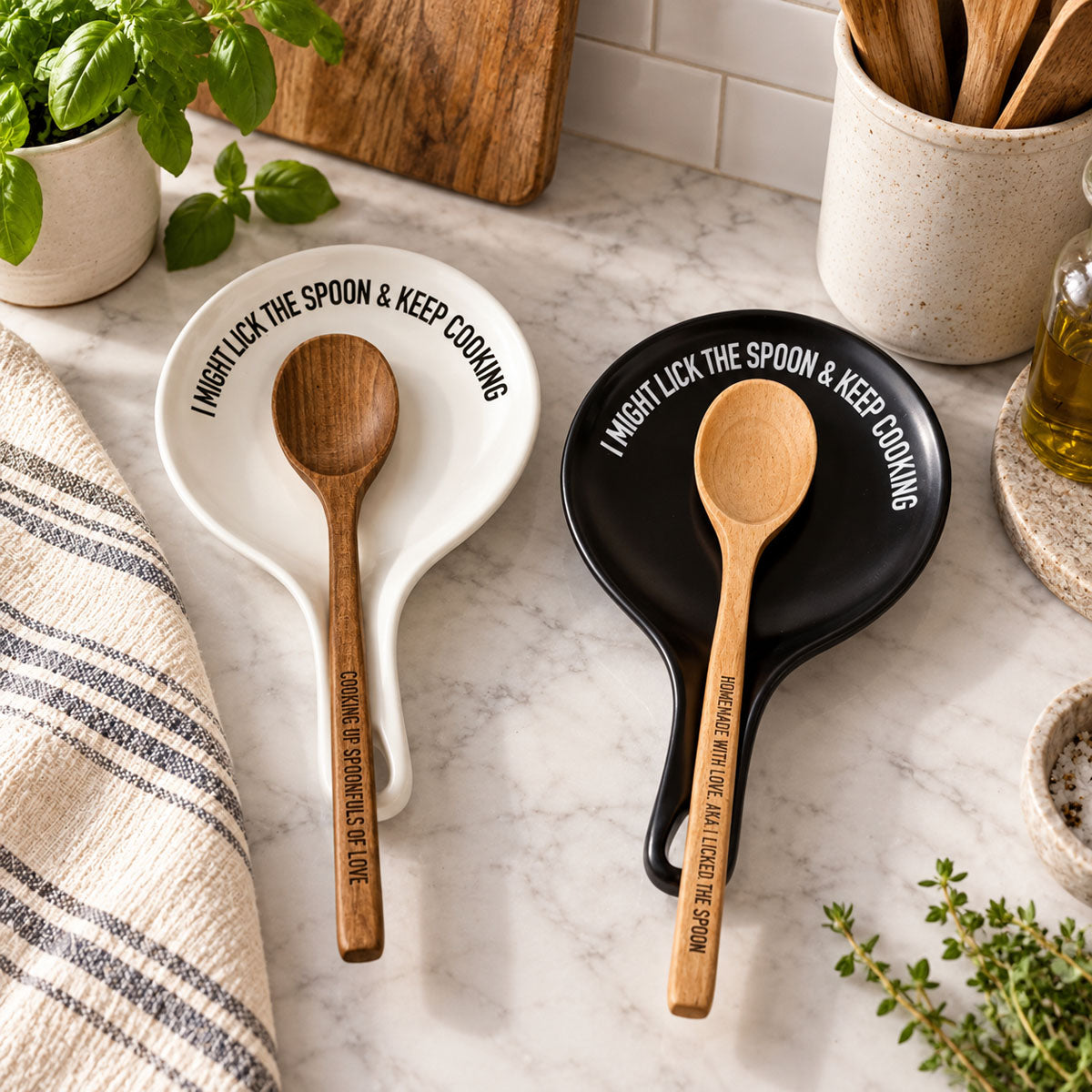 " I Might Lick the Spoon & Keep Cooking" Spoon Rest & Wooden Spoon — Select Your Color & Spoon
