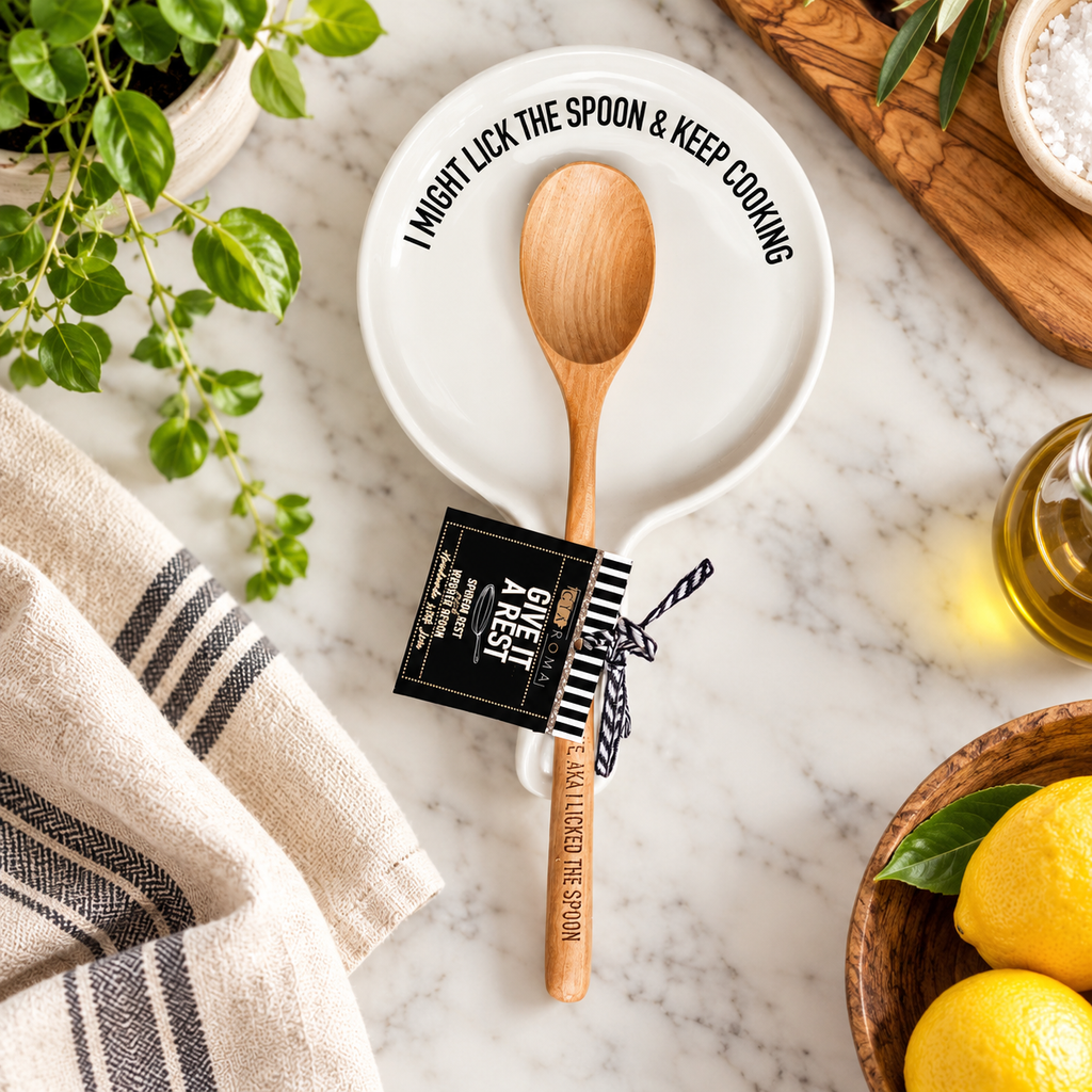 " I Might Lick the Spoon & Keep Cooking" Spoon Rest & Wooden Spoon — Select Your Color & Spoon