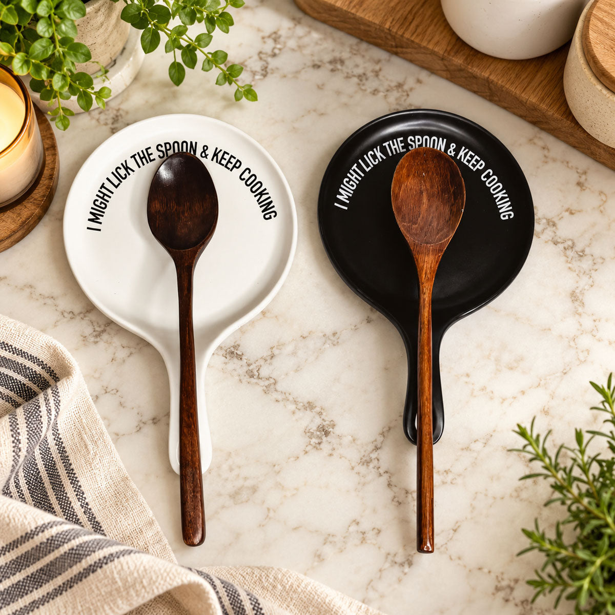 " I Might Lick the Spoon & Keep Cooking" Spoon Rest & Wooden Spoon — Select Your Color & Spoon