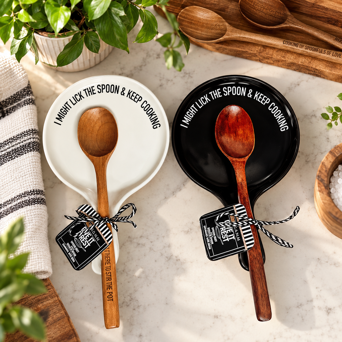 " I Might Lick the Spoon & Keep Cooking" Spoon Rest & Wooden Spoon — Select Your Color & Spoon