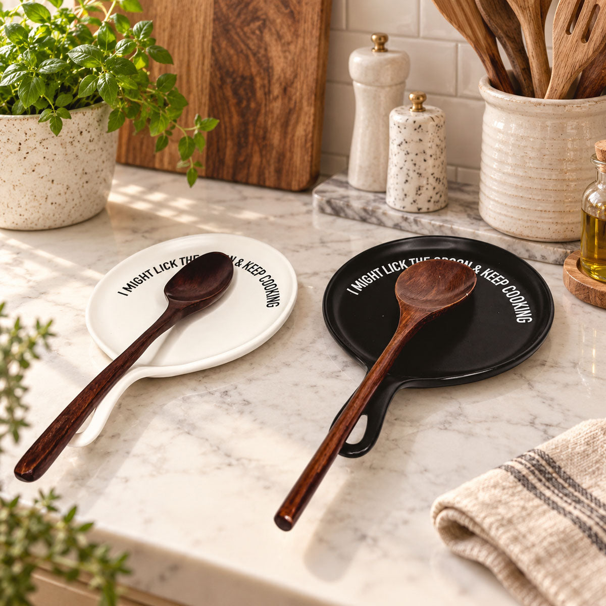 " I Might Lick the Spoon & Keep Cooking" Spoon Rest & Wooden Spoon — Select Your Color & Spoon