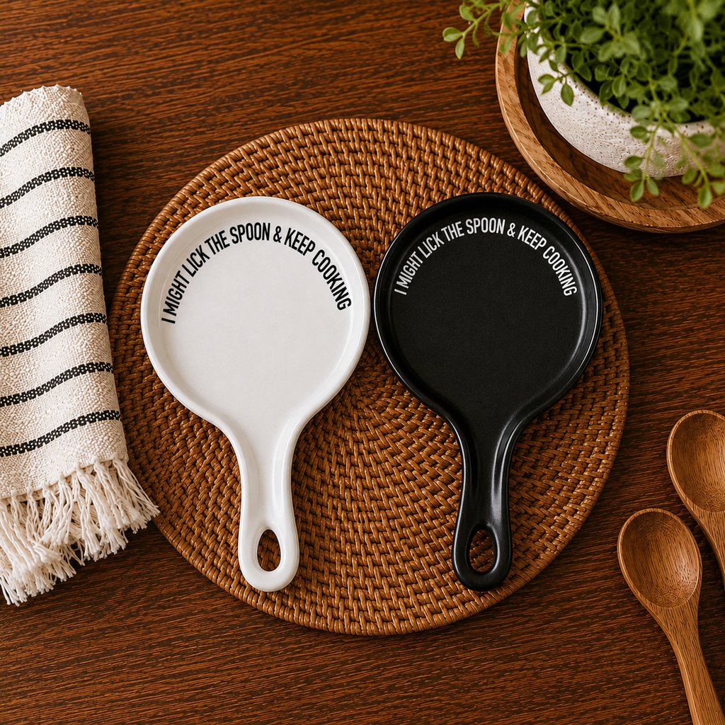 " I Might Lick the Spoon & Keep Cooking" Spoon Rest & Wooden Spoon — Select Your Color & Spoon