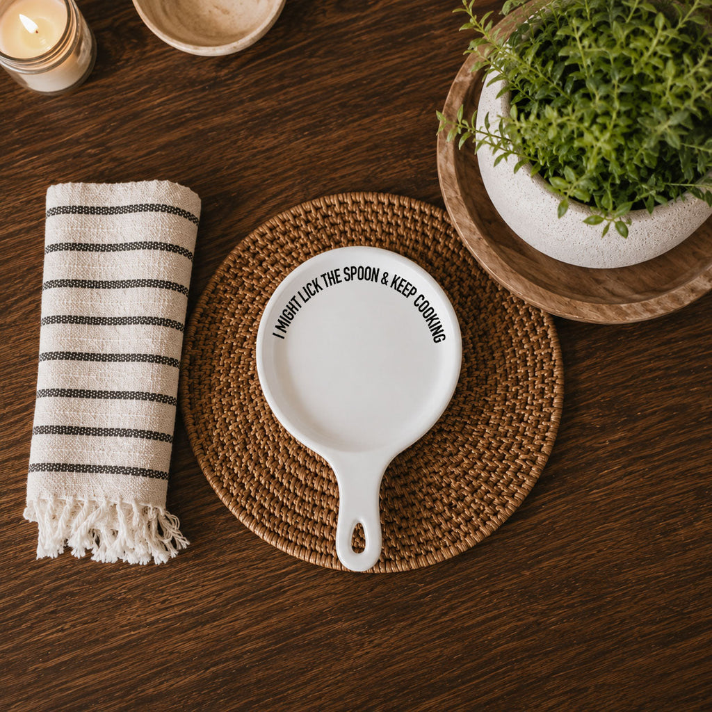 " I Might Lick the Spoon & Keep Cooking" Spoon Rest & Wooden Spoon — Select Your Color & Spoon
