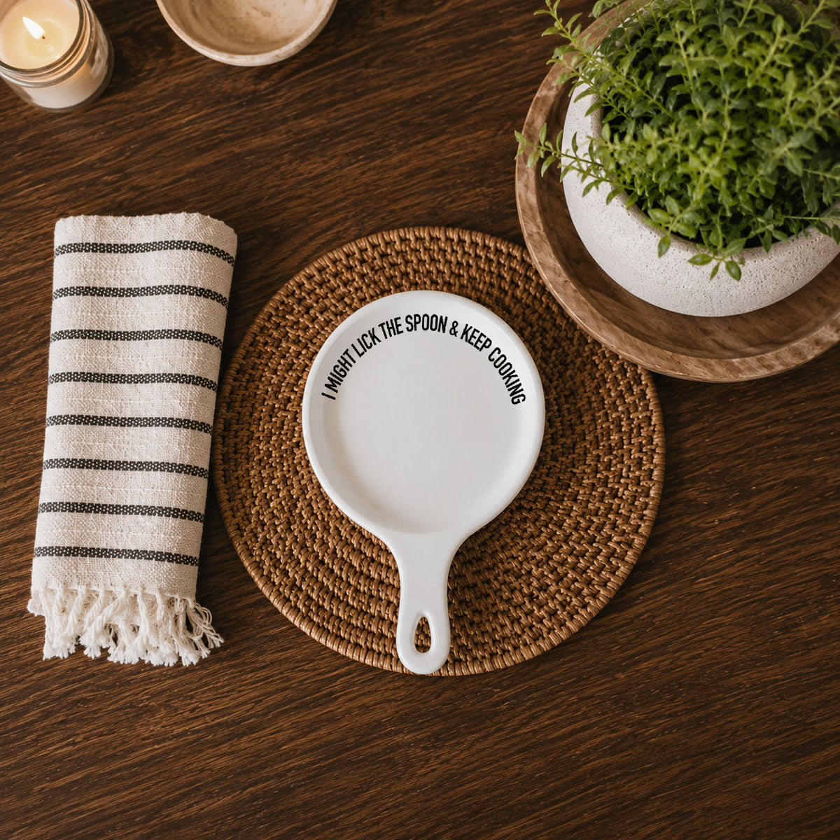 " I Might Lick the Spoon & Keep Cooking" Spoon Rest & Wooden Spoon — Select Your Color & Spoon