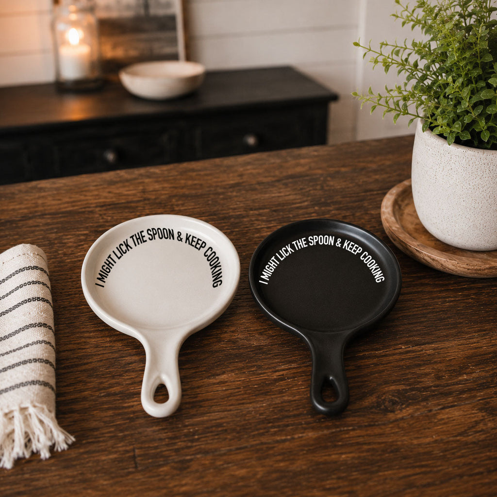 " I Might Lick the Spoon & Keep Cooking" Spoon Rest & Wooden Spoon — Select Your Color & Spoon