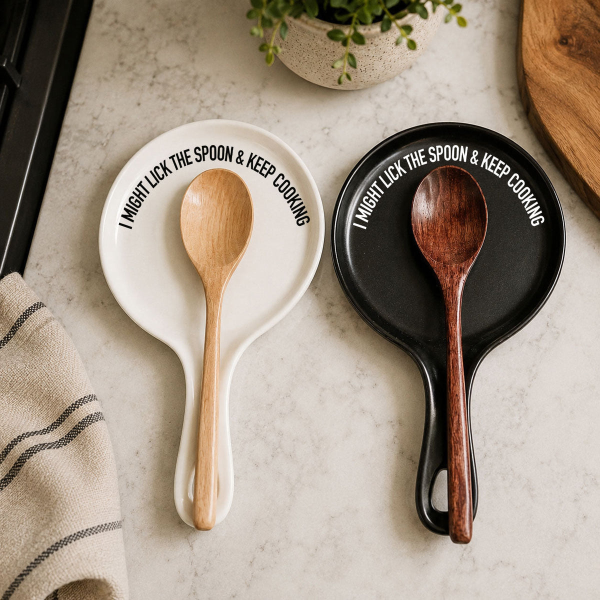 " I Might Lick the Spoon & Keep Cooking" Spoon Rest & Wooden Spoon — Select Your Color & Spoon