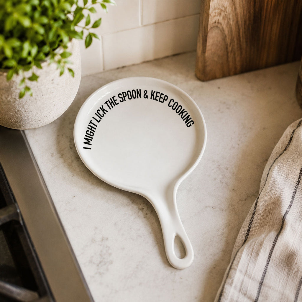 " I Might Lick the Spoon & Keep Cooking" Spoon Rest & Wooden Spoon — Select Your Color & Spoon