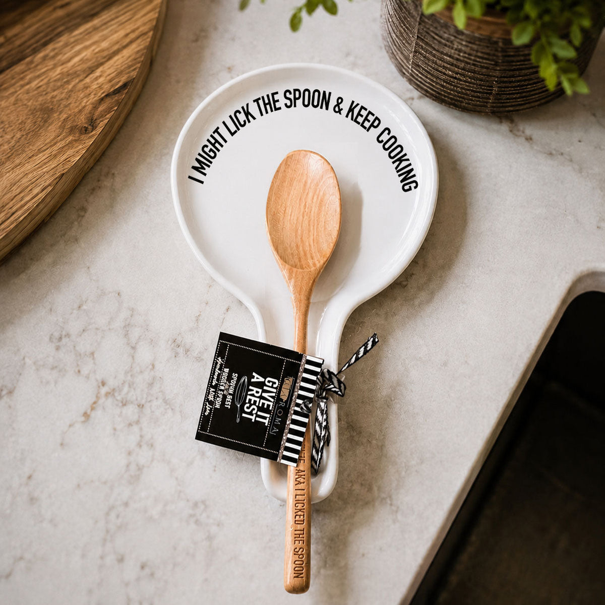 " I Might Lick the Spoon & Keep Cooking" Spoon Rest & Wooden Spoon — Select Your Color & Spoon