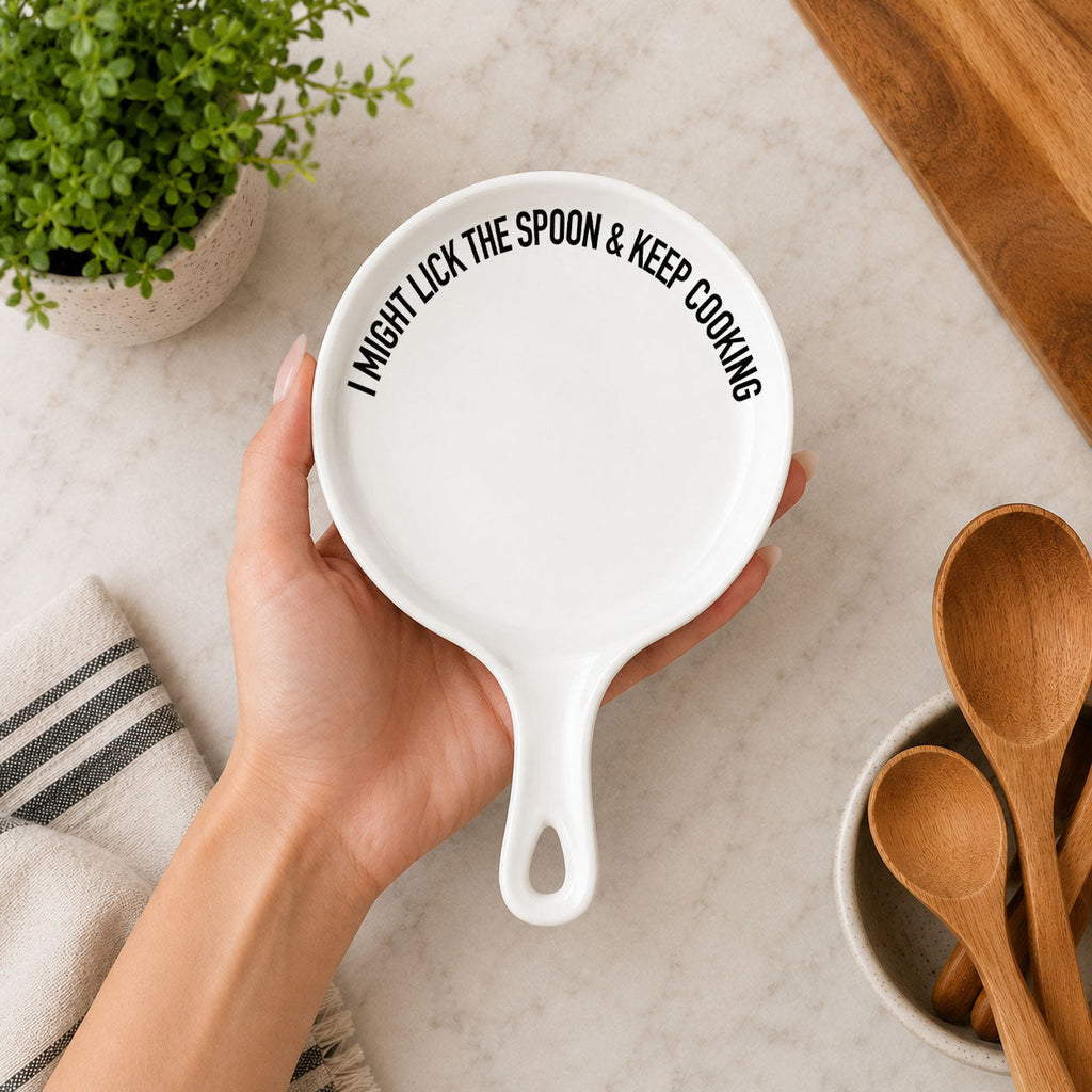 " I Might Lick the Spoon & Keep Cooking" Spoon Rest & Wooden Spoon — Select Your Color & Spoon